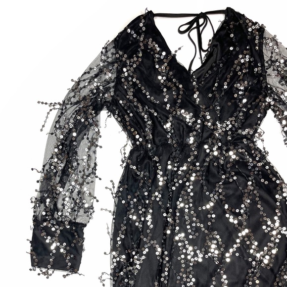 Sheer Black & Silver Mesh Dripping Sequins Long Sleeve Elegant Party Prom Dress - Picture 5 of 6